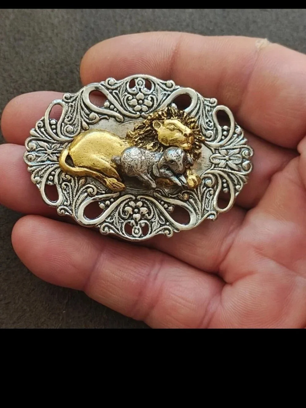 Vintage Style Biblical Lion & The Lamb Two Tone Openwork Filigree Brooch.